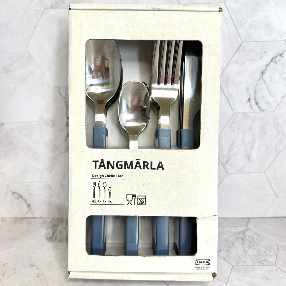 NIB Ikea TÅNGMÄRLA Flatware Set 406.083.03 16 Piece Gray Blue Plastic Handle